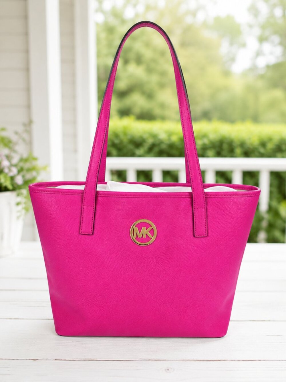 Michael Kors Jet Set Travel Pink Saffiano Tote Shoulder Bag Large Gold Logo